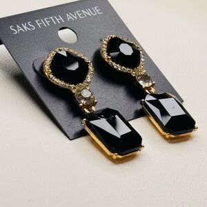 Saks Fifth Avenue Black Crystal and Gold Geometric Drop Earrings 1.75 inch